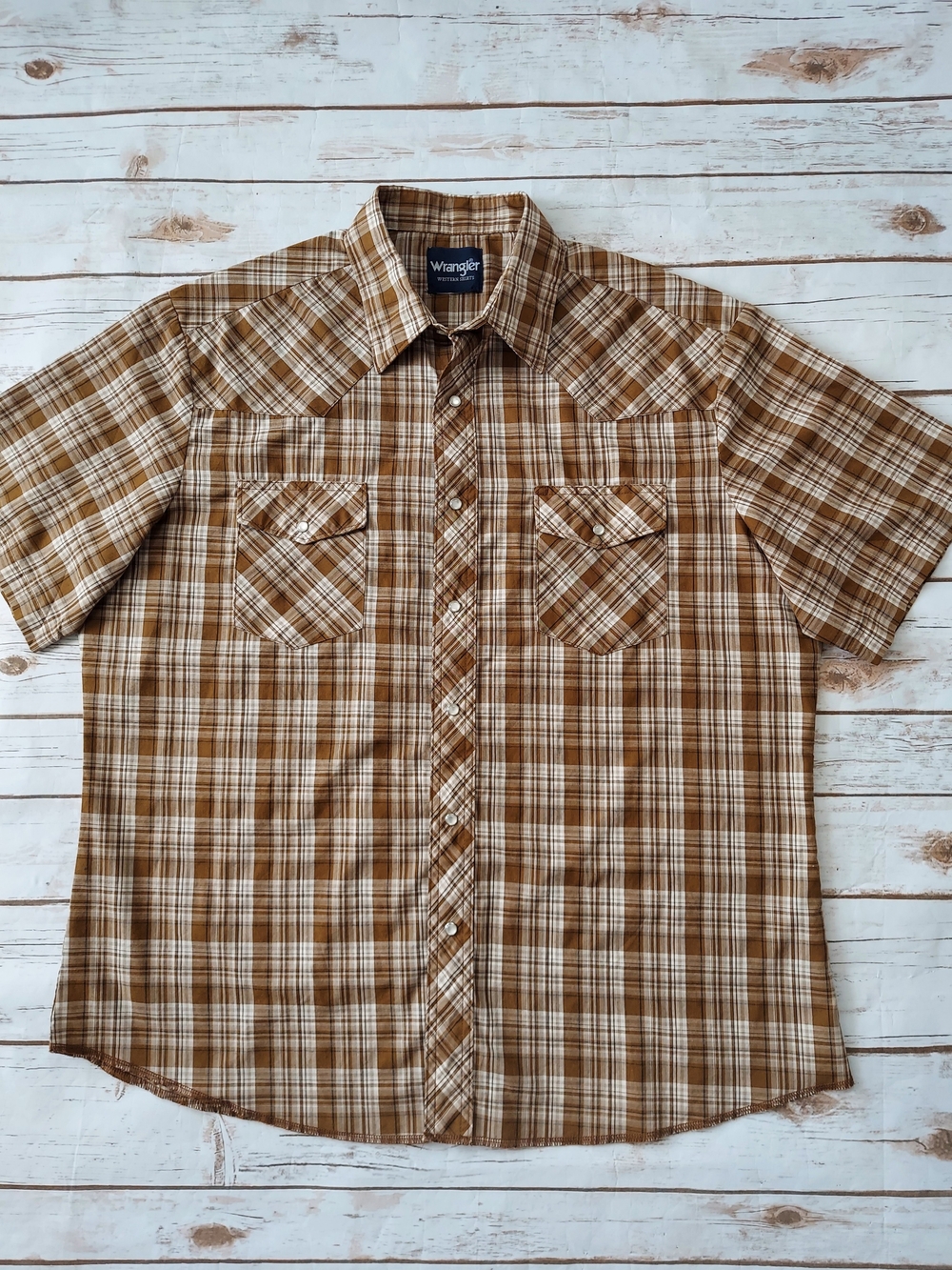 Wrangler Western Tan Plaid Pearl Snaps Short Sleeve Shirt Men's XXL 2XL